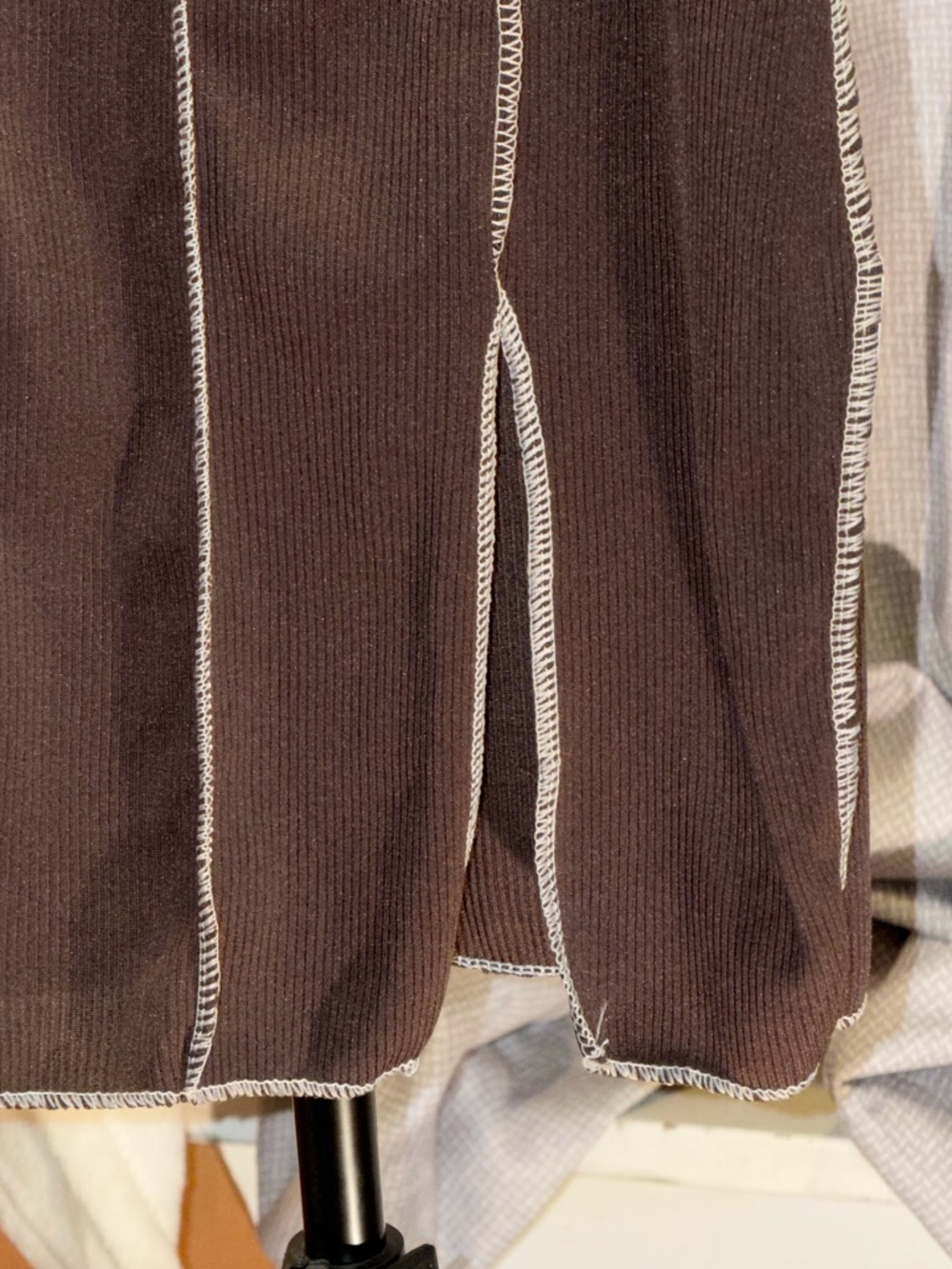 Brown Long Sleeve Lace-Up Ribbed Mini Dress with Contrast Stitching Bodycon Sz S - Picture 4 of 11